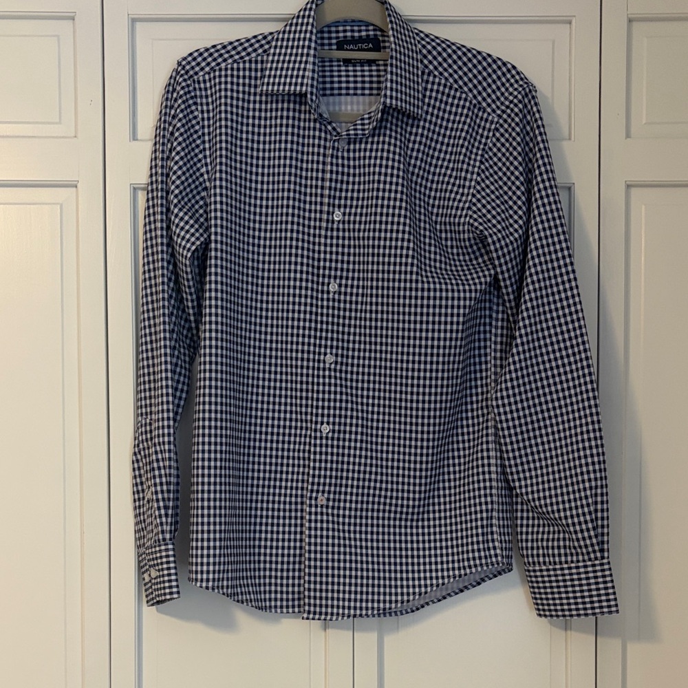 Nautica Men’s Navy and White Gingham Dress Shirt